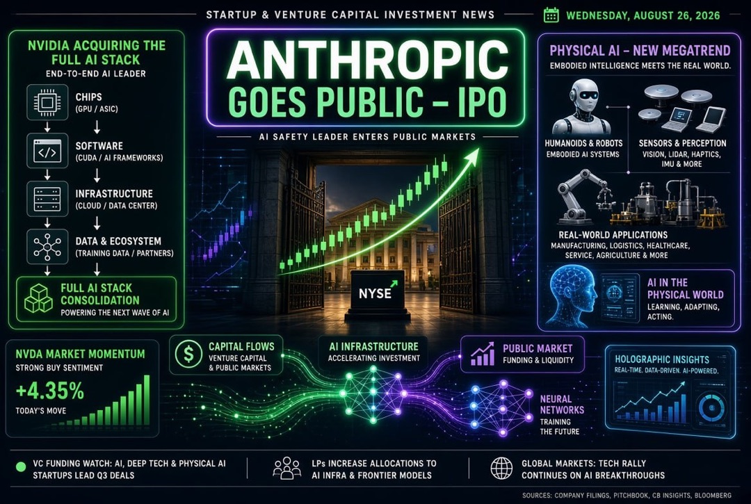 Startup and Venture Investment News — Wednesday, August 26, 2026: Anthropic Goes Public, Nvidia Acquires AI Stack, and Physical AI Becomes the New Megatrend