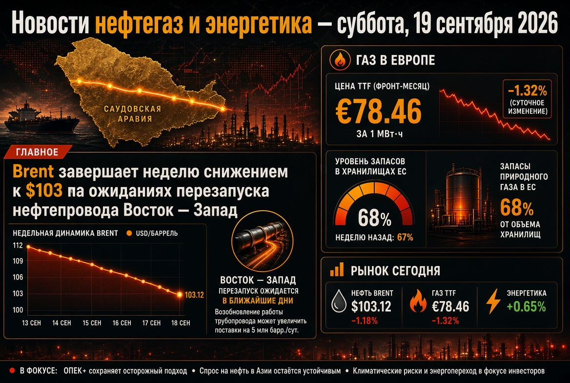 Oil and Gas and Energy News – Saturday, September 19, 2026: Brent Ends Week Lower at $103 on East-West Pipeline Restart Expectations, Gas in Europe Around €78 with 68% Reserves