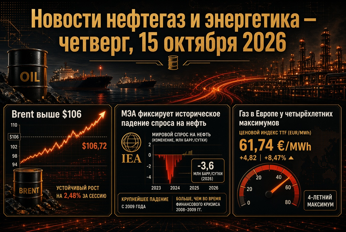 Oil and Gas News — Thursday, October 15, 2026: Brent Prices Above $106, IEA Records Historic Decline in Oil Demand, Gas in Europe at Four-Year Highs