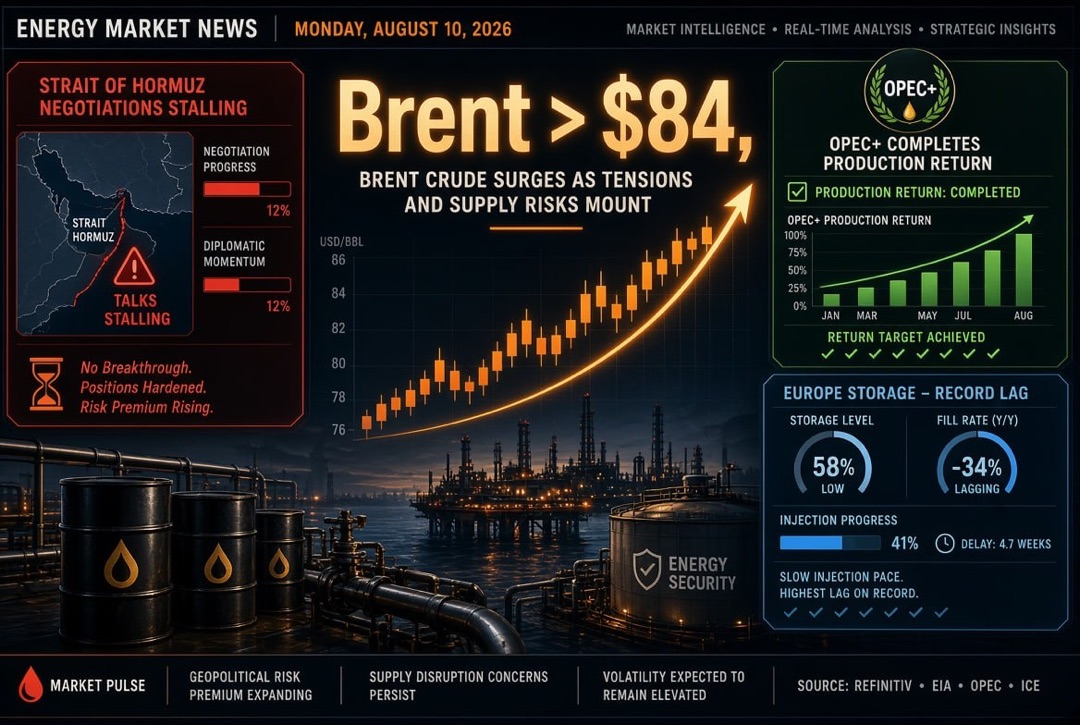 Oil and Gas News and Energy - Monday, August 10, 2026: Strait of Hormuz Negotiations Stalled, Brent Above $84, OPEC+ Completed Production Return, Europe Filling Storage with Record Delays
