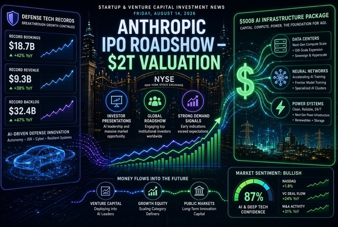 Startup and Venture Capital News — Friday, August 14, 2026: Anthropic's $2 trillion IPO Roadshow, $500 billion package for AI Infrastructure, and Records in Defense Technologies
