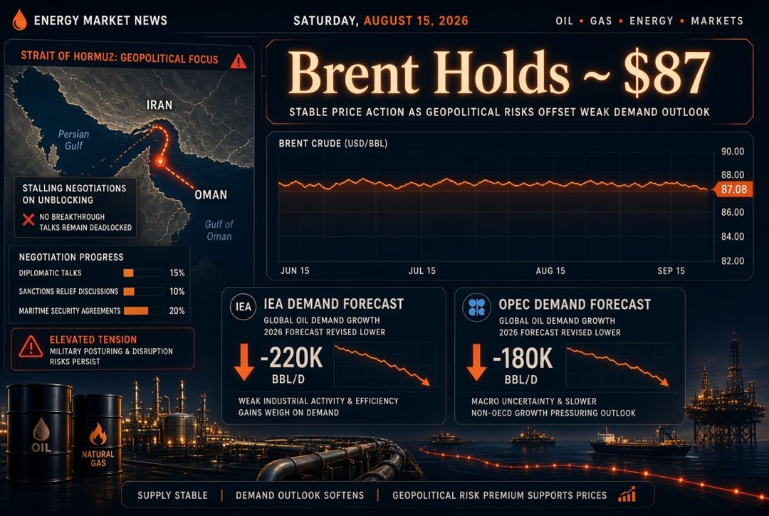 Oil and Gas News - Saturday, August 15, 2026: Brent holds at $87 amid stalled talks to unblock the Strait of Hormuz; IEA and OPEC lower demand forecasts.