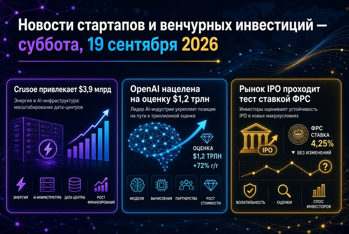 Startup and Venture Investment News — Saturday, September 19, 2026: Crusoe Raises $3.9 Billion, OpenAI Targets $1.2 Trillion Valuation, IPO Market Challenges with Federal Reserve Rate