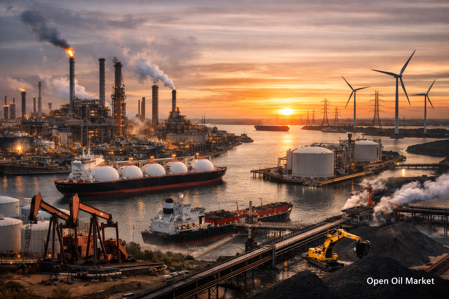 Oil Refinery, LNG Terminal, Oil Tankers, and Coal Port at Sunset — Global Oil & Gas Market and Energy on February 18, 2026