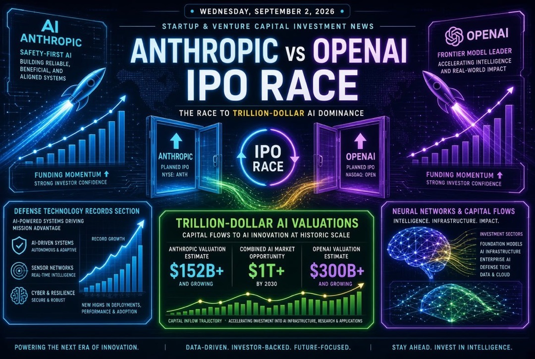 Startup and venture capital news for Wednesday, September 2, 2026: the Anthropic and OpenAI IPO race, trillion-dollar AI valuations, and defence technology records