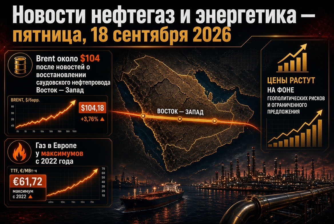 Oil and Gas and Energy News — Friday, September 18, 2026: Brent Around $104 After East-West Pipeline Restoration, Gas in Europe at 2022 Highs