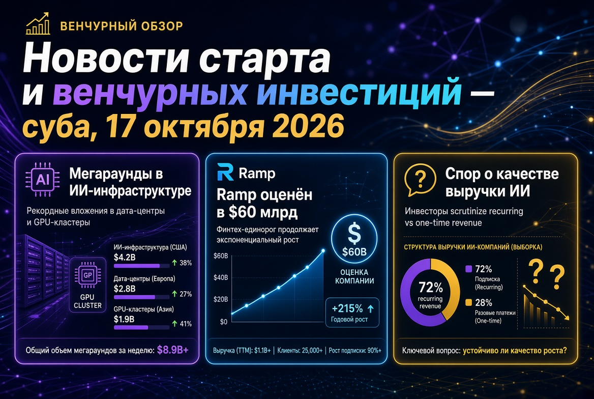Startup and Venture Investment News — Saturday, October 17, 2026: Mega Rounds in AI Infrastructure, Ramp Valued at $60 Billion, and Revenue Quality Debate in AI