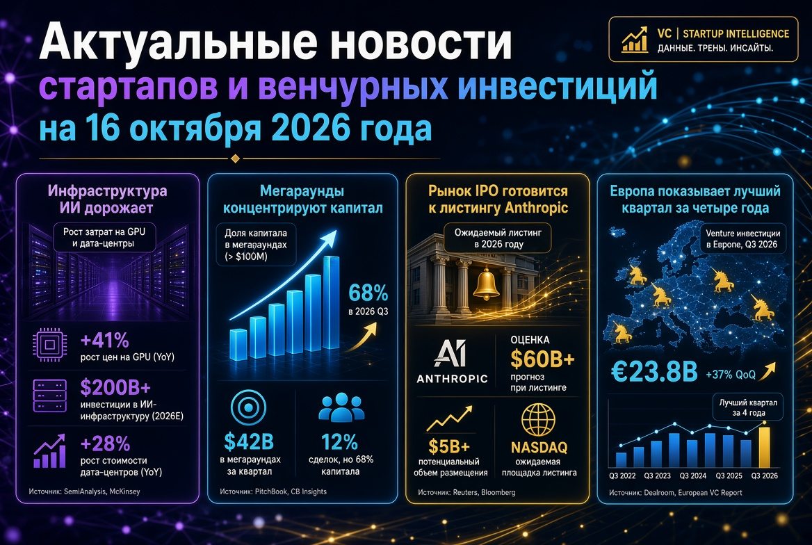 Current News on Startups and Venture Investments as of October 16, 2026: Rising AI Infrastructure Costs, Mega-Rounds Concentrate Capital, IPO Market Prepares for Anthropic Listing, and Europe Shows Its Best Quarter in Four Years