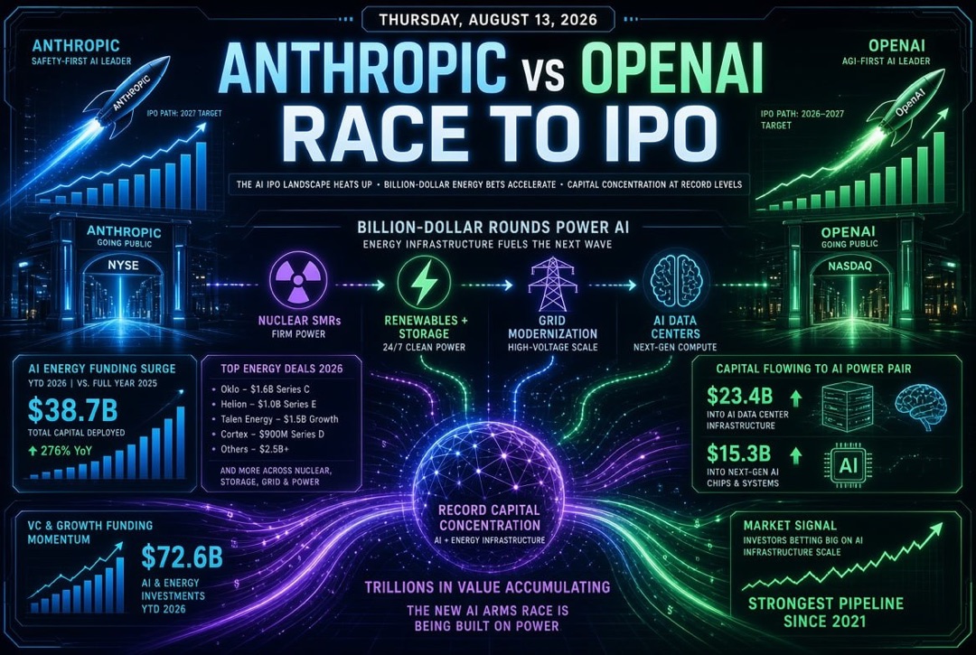 Startup and Venture Investment News — Thursday, August 13, 2026: Anthropic and OpenAI's Race to the Exchange, Billion-Dollar Rounds in Energy for AI and Record Capital Concentration