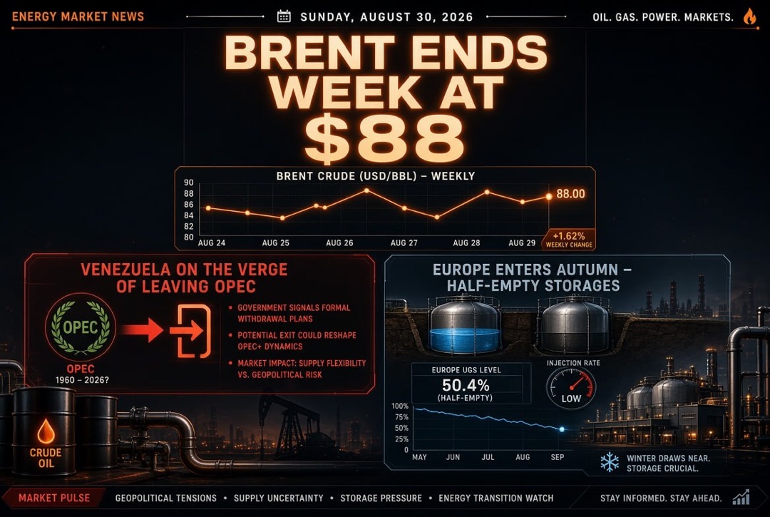 Oil and Gas News — Sunday, August 30, 2026: Venezuela on the brink of leaving OPEC, Brent closes the week at $88, Europe enters autumn with half-empty UGS
