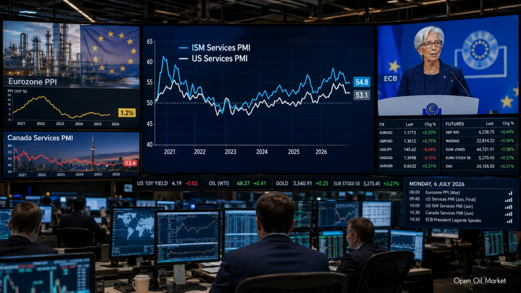 Economic Calendar for July 6, 2026: US ISM Services PMI, Eurozone PPI, Canada PMI, ECB President Christine Lagarde's Speech and Investor Reactions