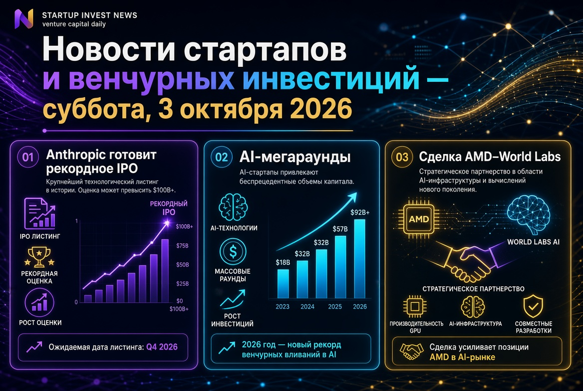 Startup and Venture Investment News — Saturday, October 3, 2026: Anthropic Prepares Record IPO, AI Mega-Rounds and the AMD–World Labs Deal