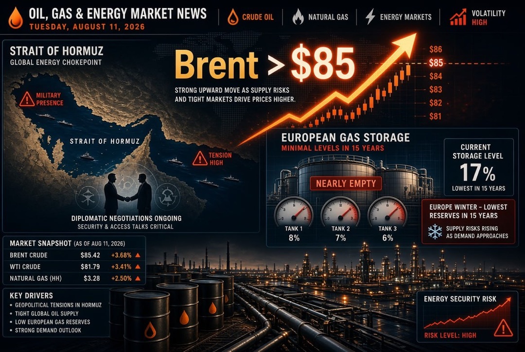 Oil and Gas News - Tuesday, August 11, 2026: Brent Breaks $85 Amid Hormuz Strait Negotiations, Europe Enters Winter with 15-Year Low Gas Stocks