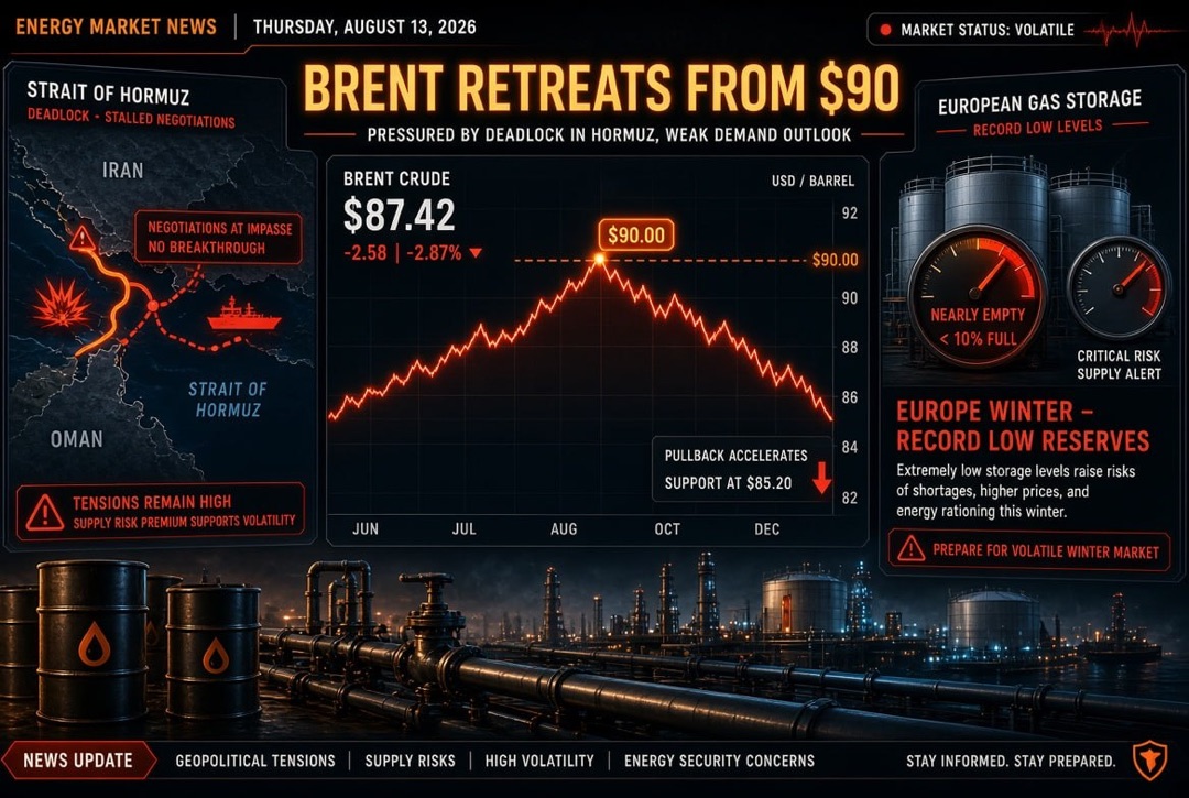 Oil and Gas News and Energy - Thursday, August 13, 2026: Brent retreats from $90 amid deadlock in the Hormuz Strait; Europe enters winter with record-low gas reserves