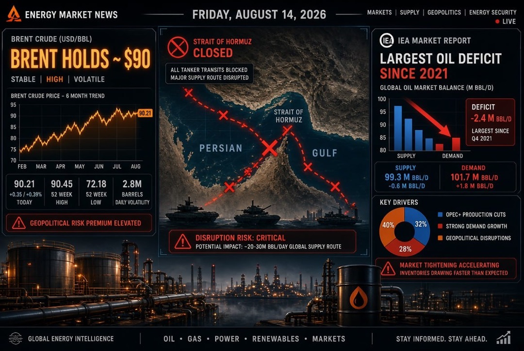 Oil and Gas News - Friday, August 14, 2026: Brent Holds at $90 Amidst Strait of Hormuz Closure; IEA Reports Largest Oil Deficit Since 2021