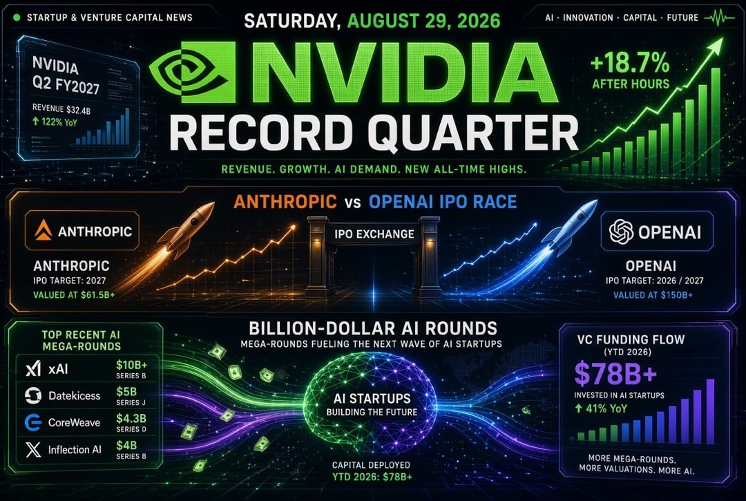 Startup and Venture Investment News — Saturday, August 29, 2026: Nvidia's Record Quarter, IPO Race for Anthropic and OpenAI and Billion-Dollar AI Funding Rounds