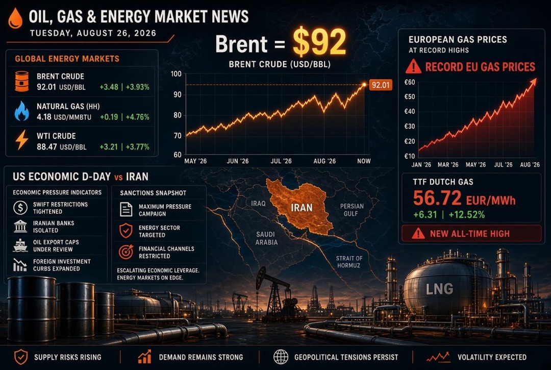 Oil and Gas News and Energy – Tuesday, August 26, 2026: U.S. "Economic D-Day" Against Iran, Brent at $92 and Record Gas Prices in Europe