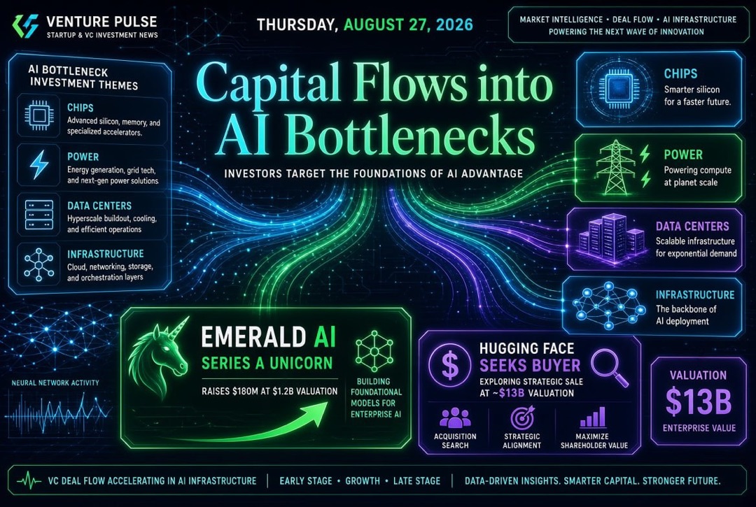 Startup and Venture Capital News – Thursday, August 27, 2026: Capital Moves to AI "Narrow Spots," Emerald AI Becomes a Unicorn at Series A, and Hugging Face Seeks Buyer for $13 Billion