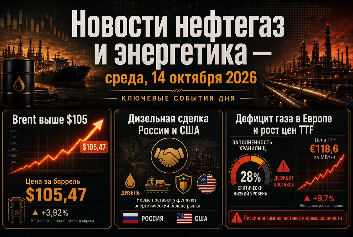 Oil and Gas Sector Updates: October 14, 2026: Brent Surpasses $105, Diesel Deal Between Russia and USA, Gas Shortage in Europe