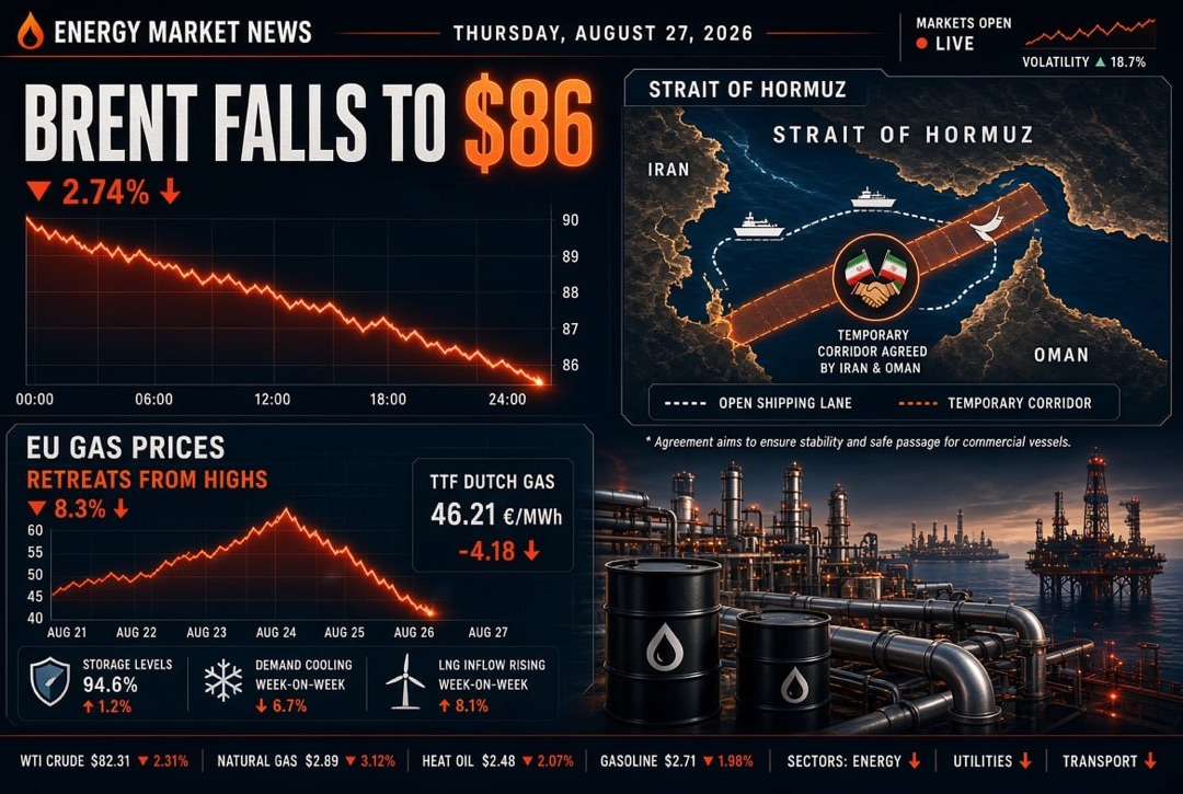 Oil and Gas News and Energy - Thursday, August 27, 2026: Iran and Oman Agree on Temporary Corridor in the Strait of Hormuz, Brent Drops to $86, Gas in Europe Retreats from Highs