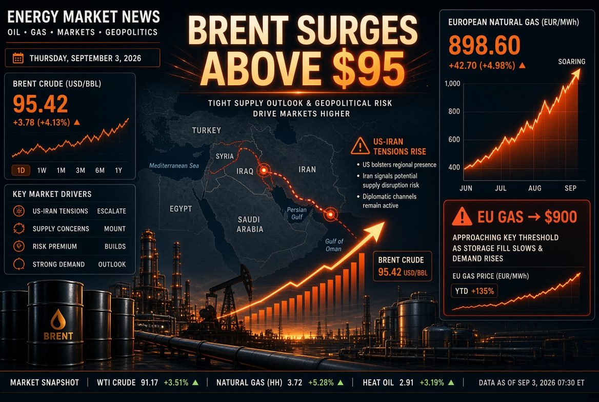 Oil and Gas News - Thursday, September 3rd, 2026: USA and Iran Escalation Drives Brent Above $95, Gas in Europe Rises to $900
