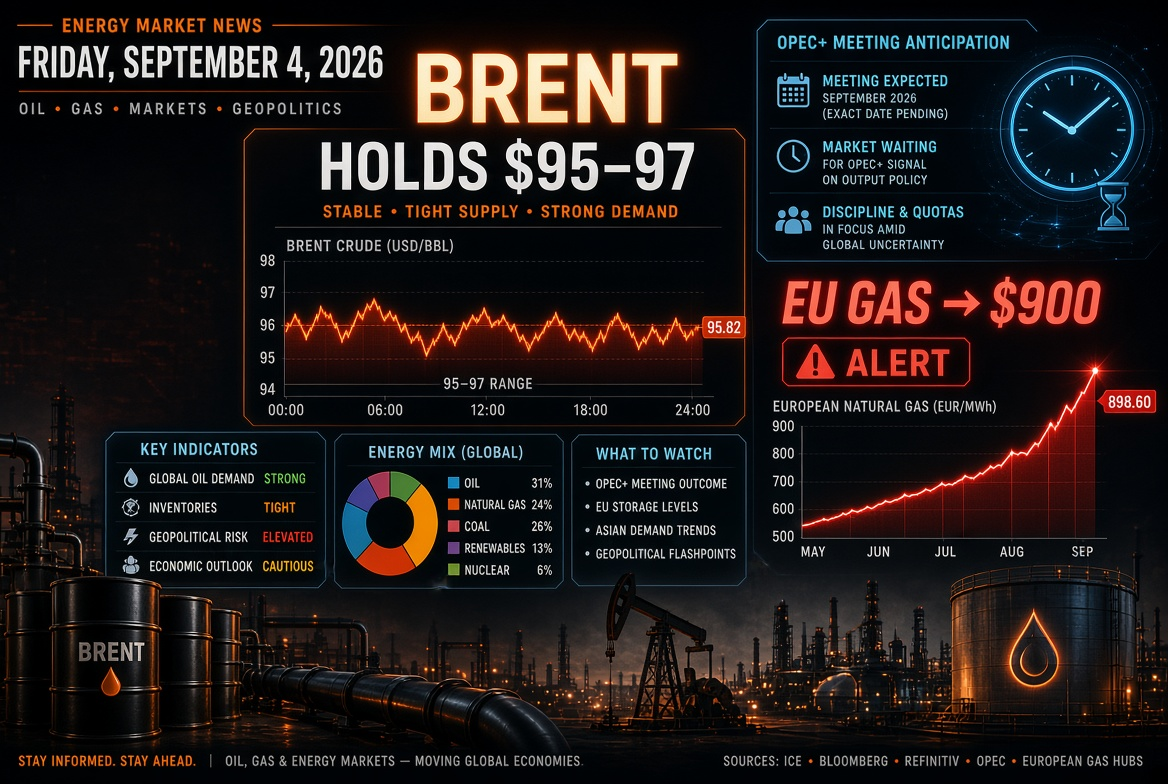 Oil and Gas Updates — Friday, September 4, 2026: Brent Holds at $95–97 Awaiting OPEC+ Meeting, Gas in Europe Storming $900