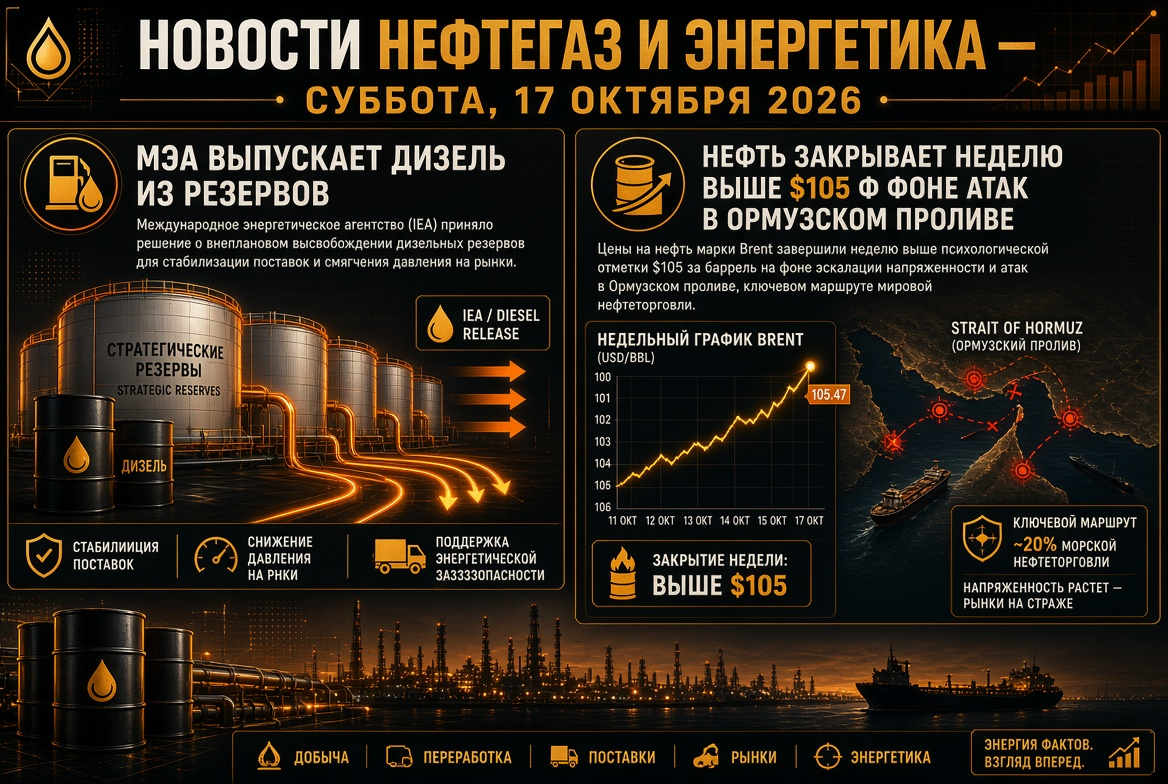 Oil and Gas News — Saturday, October 17, 2026: IEA Releases Diesel from Reserves, Oil Closes Week Above $105 Amid Attacks in the Strait of Hormuz