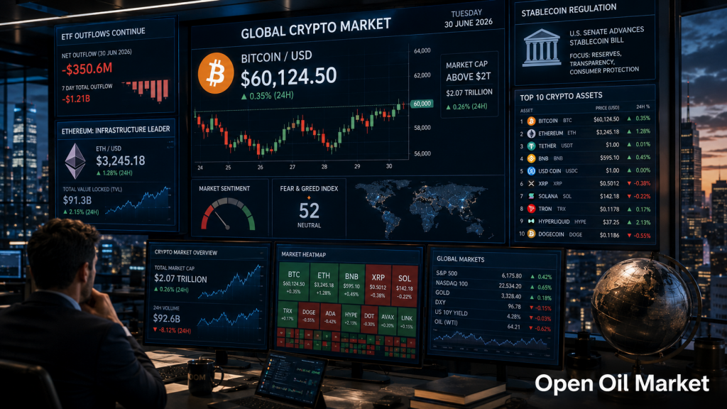 Cryptocurrency Market June 30, 2026: Ethereum, Solana, XRP, BNB, USDT, USDC, and ETF Outflows