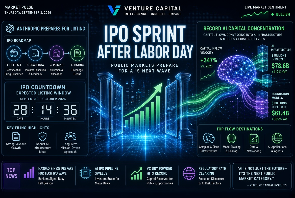 Startup and Venture Capital News — Thursday, September 3, 2026: IPO Sprint After Labor Day, Anthropic's Preparation for Listing, and Record AI Capital Concentration