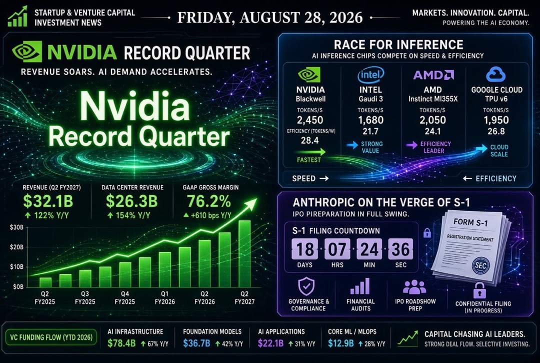 Startup and Venture Investment News — Friday, August 28, 2026: Nvidia's Record Quarter, Race for Inference, and Anthropic on the Brink of Public S-1