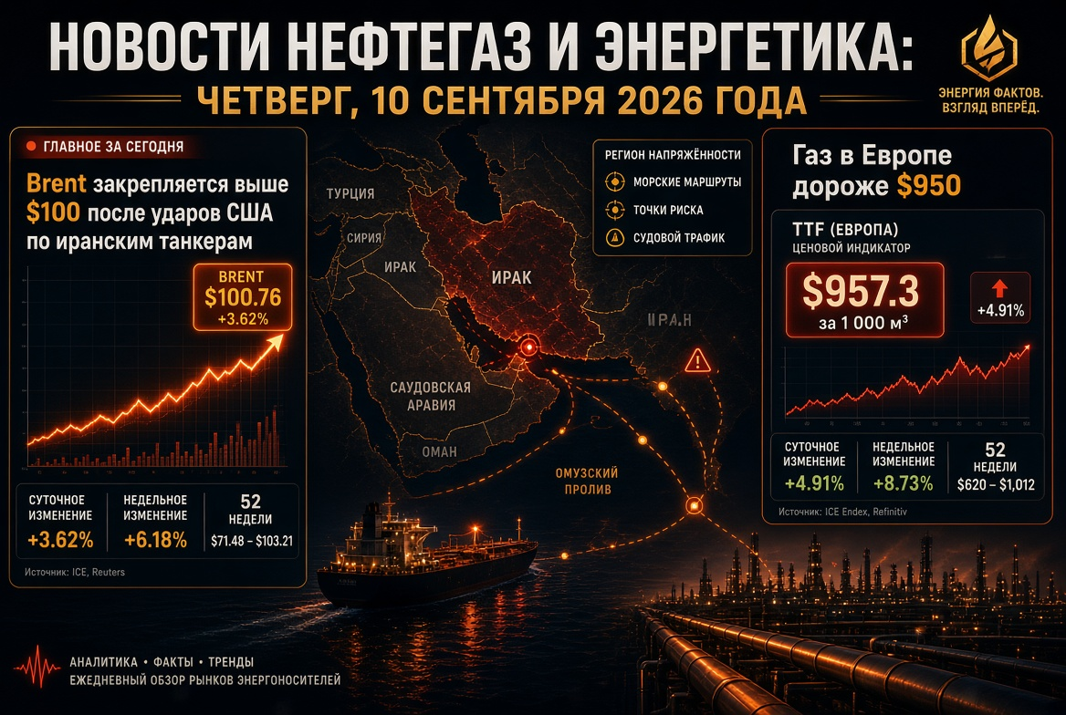 Oil and Gas News: Thursday, September 10, 2026 - Brent Secures Above $100 After US Strikes on Iranian Tankers, Gas in Europe Over $950