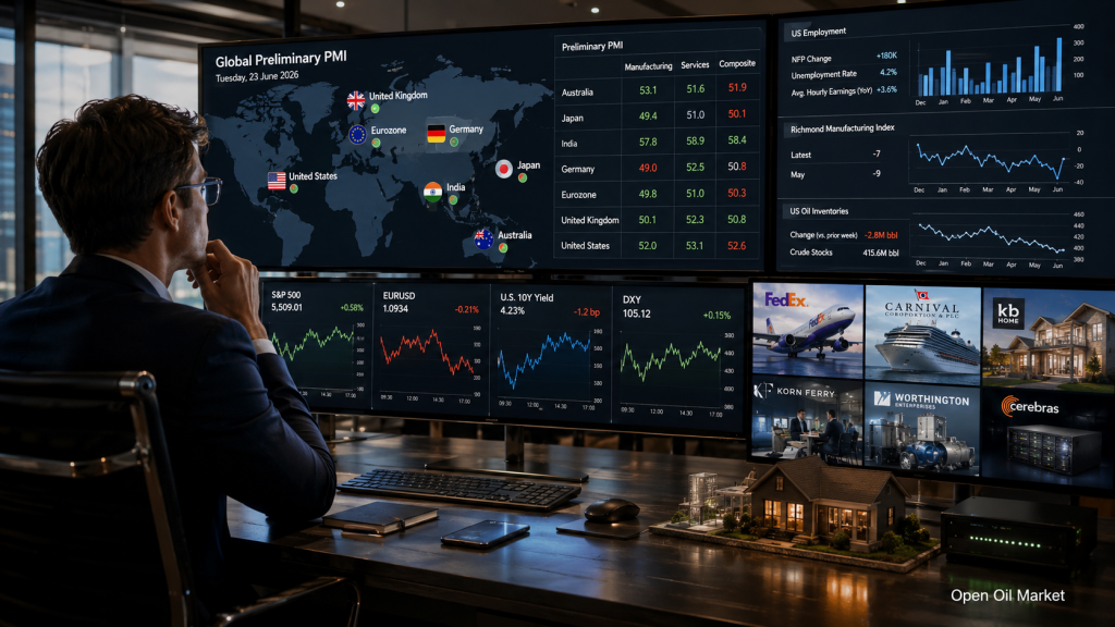 Economic Events and Corporate Reports: Tuesday, June 23, 2026 - Global PMIs, US Labor Market, FedEx, Carnival, and KB Home