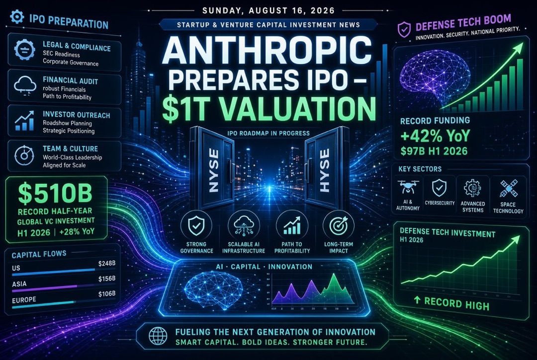 Startup and Venture Capital News — Sunday, August 16, 2026: Anthropic Prepares for $1 Trillion IPO, Record $510 Billion in Half-Year, and the Boom in Defense Technologies